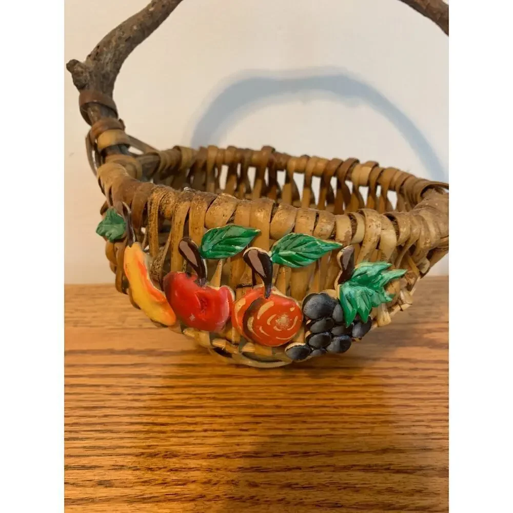 VTG Fruit Wicker Gathering Basket God's Eye Branch Handle Woven Hand Painted